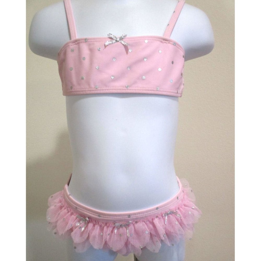 NEW Kate Mack 2pc Little Girls Pink & Silver Tulle Ruffles Bikini/Swimsuit sz 4
